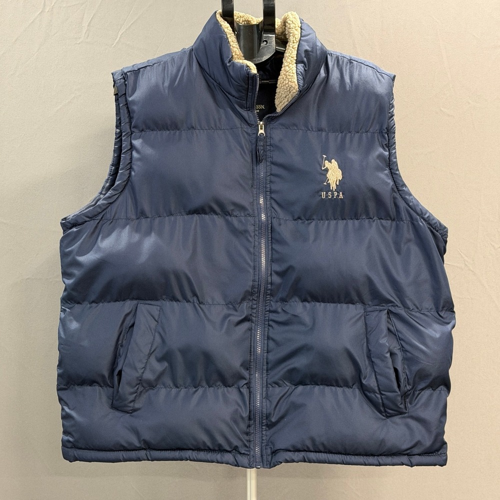 US Polo Assn Mens Puffer Vest Navy Blue Sherpa Lined Full Zip Embroidered XL